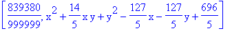 [839380/999999, x^2+14/5*x*y+y^2-127/5*x-127/5*y+696/5]